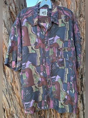 Vintage 90s Silk Abstract Shirt XL Artsy Oversized Button Up